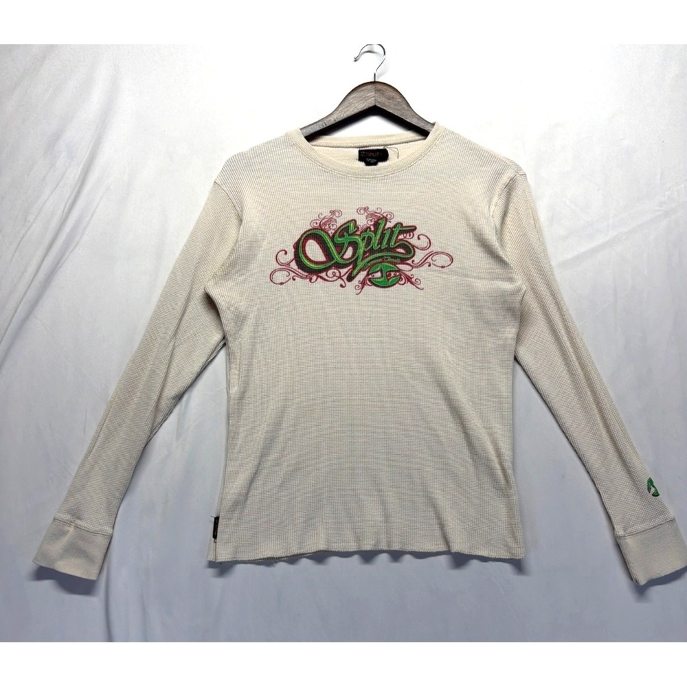 VTG Split Skateboard Thermal Shirt Unisex Medium Cream Graphic Print Waffle Knit